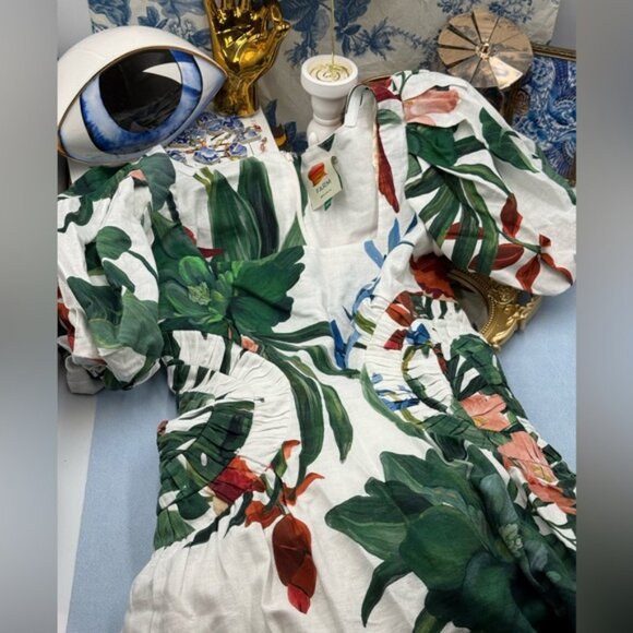 🆕 FARM Rio 🧿 NWOT Midnight Macaw Fiesta Linen Puff-Sleeve Midi Dress, Sz XXS - Picture 12 of 16